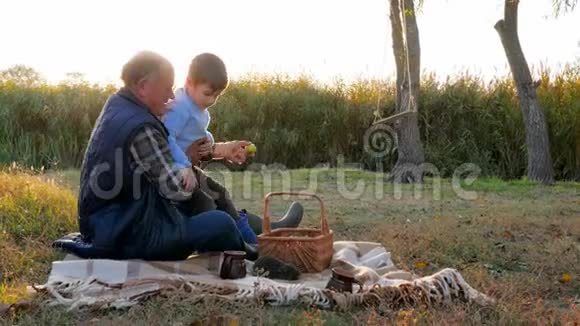 儿童与老人和家庭宠物在良好的温暖天气在黎明野餐的娱乐视频的预览图