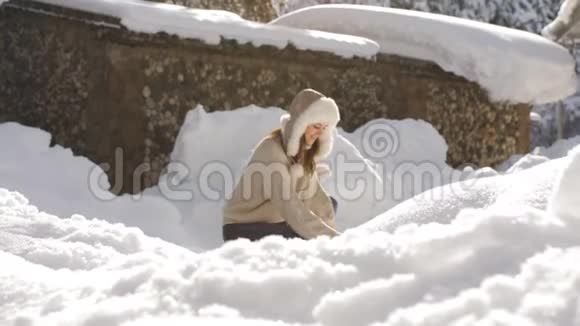 穿着针织毛衣和毛皮帽的快乐女人享受一个阳光明媚的霜晨扔雪在闪闪发光的阳光下旋转视频的预览图