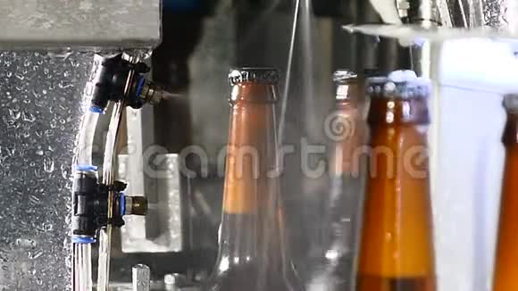 在传送带中清洗完整的啤酒瓶玻璃瓶厂工业生产线上的瓶子啤酒棕色玻璃瓶视频的预览图