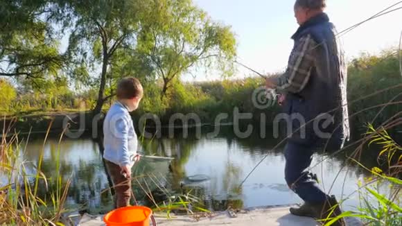 夏天在湖边钓鱼爷爷带着孙子在温暖的天气里享受大自然的美好时光视频的预览图