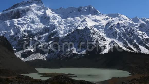 库克山上一座山冰川和湖泊的全景视频的预览图