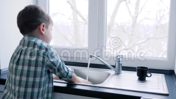 家务小孩在窗户的背景下洗碗视频的预览图