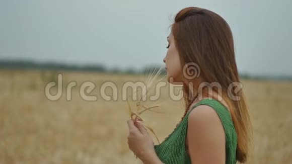 特写肖像年轻的红发女人穿着绿色的裙子在傍晚的麦田里成熟小麦的金田慢慢视频的预览图