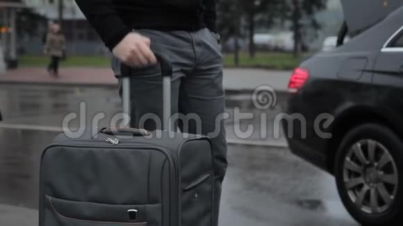 人在汽车后备箱里装着带手柄的大型手提箱视频的预览图