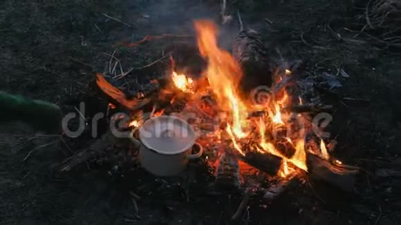 食物是在锅中的篝火上煮熟的女人手摸着锅视频的预览图