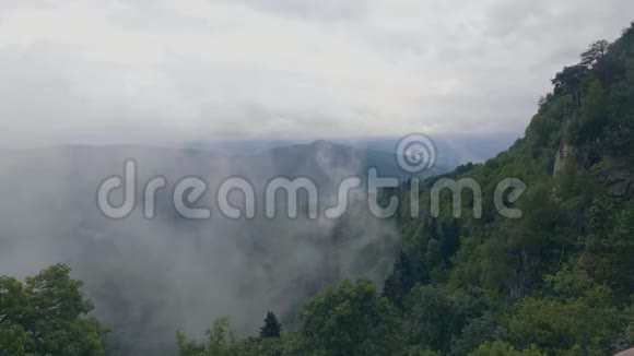 山谷和山丘上的雾云覆盖着绿色的森林高地的薄雾视频的预览图
