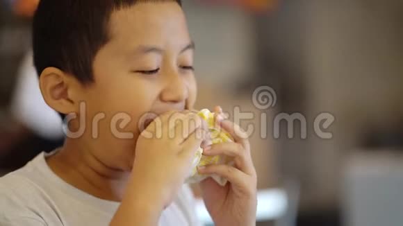 普雷特恩男孩吃了一个美味的汉堡包视频的预览图