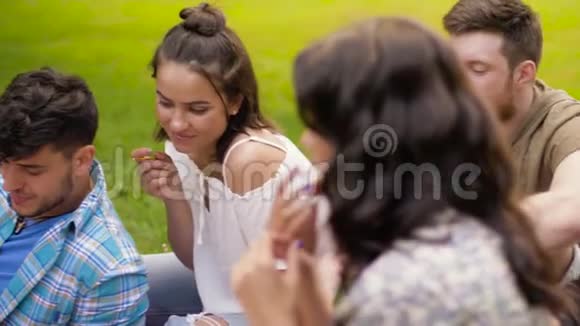 快乐的朋友在夏季野餐时吃零食视频的预览图