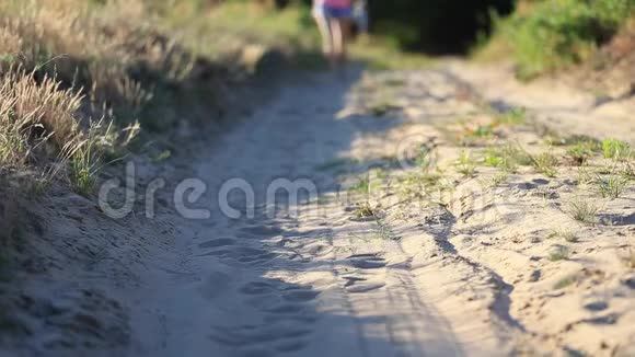 年轻女性光着脚朝镜头走去夏天乡间的路视频的预览图