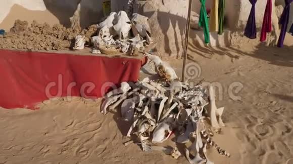 街头市场上的动物骨头头骨沙漠玫瑰和围巾视频的预览图