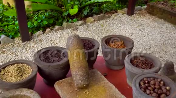 史泰迪康在石碗中收集热带烹饪香料的照片视频的预览图