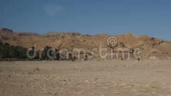 在阳光明媚的日子开车穿过撒哈拉沙漠的绿洲车辆视频的预览图