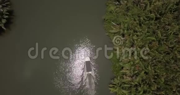 俯视图无人驾驶飞机在白色的小船上沿着美丽平静的丛林河岸绿树成荫视频的预览图