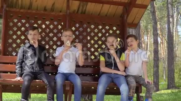 四个兄弟在公园的凉亭里吃冰淇淋视频的预览图