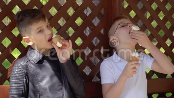 两个可爱的兄弟在公园露台吃冰淇淋视频的预览图