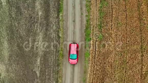 俯瞰着一片麦田和一辆红色的汽车在农村的道路上行驶视频的预览图