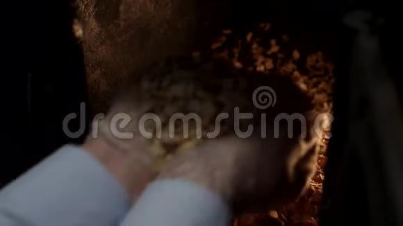 一个人把锯末放在铸铁炉的特写镜头里场景人类把木头放在火里的手很近木质炉视频的预览图