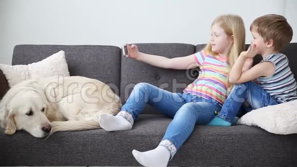 儿童生活中的装置弟弟和妹妹在智能手机上自拍悲伤的狗躺在沙发上视频的预览图