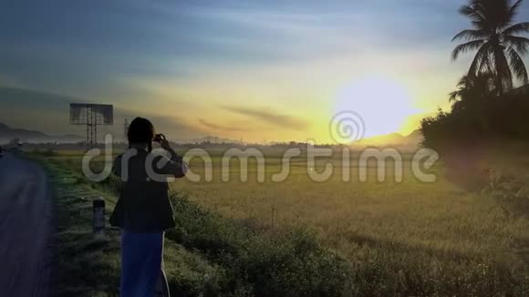少女剪影图片太阳升起在稻田之上视频的预览图