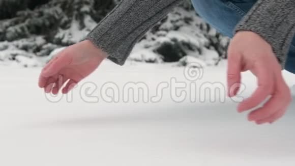 女人得到一把雪做一个雪球关起来美丽的风景雪杉树视频的预览图