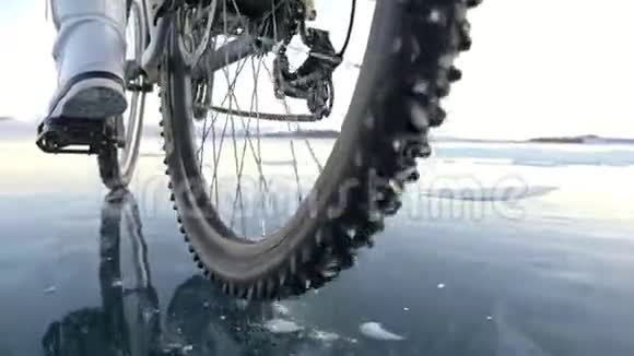 轮胎的视图拍摄180fps女人在冰上骑自行车冰的贝加尔湖上面的轮胎视频的预览图