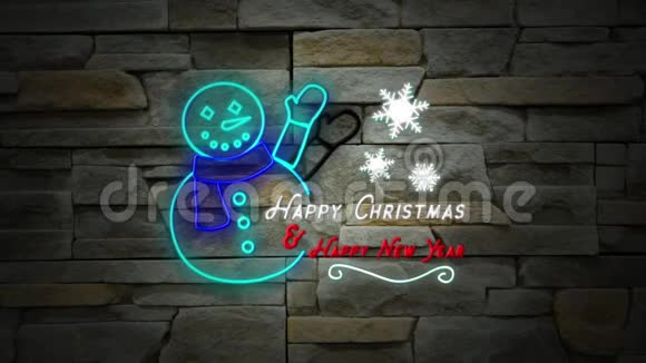 圣诞快乐新年霓虹灯挂在墙上视频的预览图