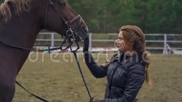 一个年轻的女人棕色卷发和黑色夹克抚摸着一匹棕色的马视频的预览图