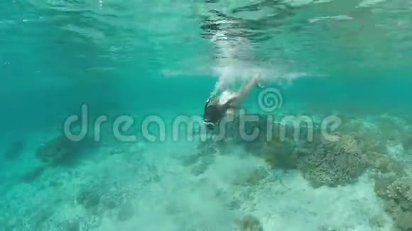 穿着白色泳装的苗条女孩正在水下潜水和游泳看着镜头从美妙的地方享受乐趣视频的预览图