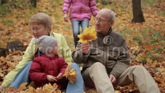 多代家庭在秋季公园放松视频的预览图
