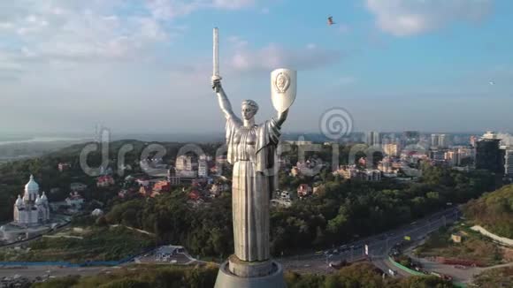 海鸥飞过基辅的祖国纪念碑视频的预览图