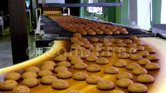 烘焙燕麦饼干生产线传送带上的饼干视频的预览图