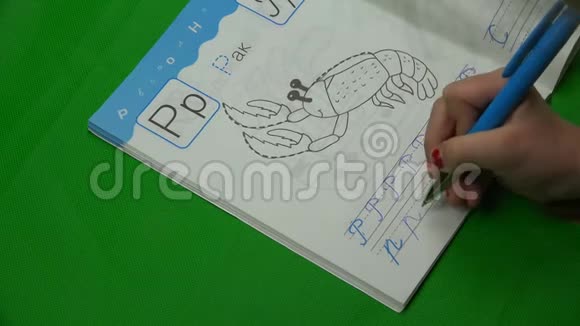 孩子在绿色背景的笔记本上写大写字母视频的预览图