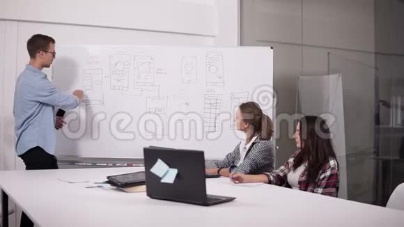 业务团队讨论项目或想法顾执行启动概念两个女人坐在办公桌和男人视频的预览图