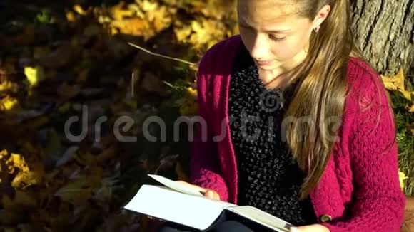 一个年轻漂亮的十几岁的女孩坐在秋天森林的一棵树下读一本书她做梦女孩很安详视频的预览图