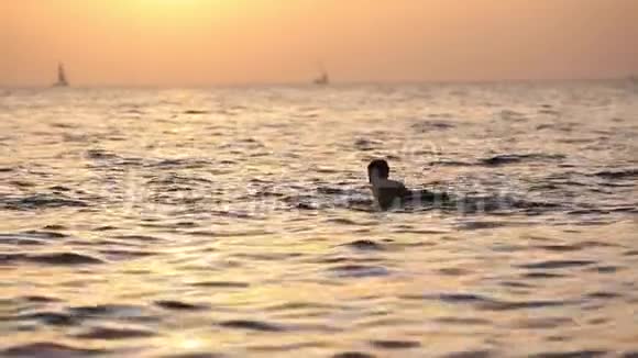 一个男孩漂浮在海面上的剪影在橙色日落的极好背景上用冲浪板视频的预览图