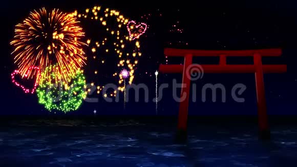 日本的红桃门五颜六色的烟花照亮了天空烟花节的景色视频的预览图