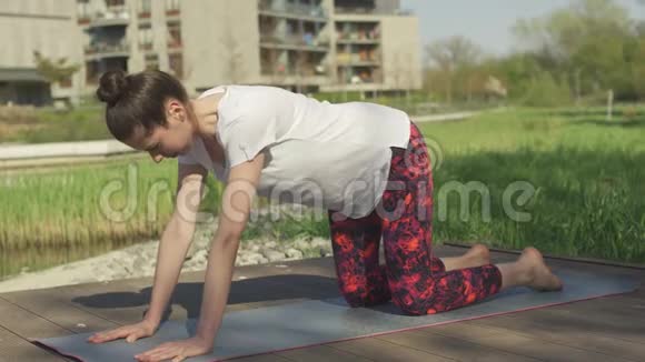 年轻女性在家附近户外做瑜伽视频的预览图