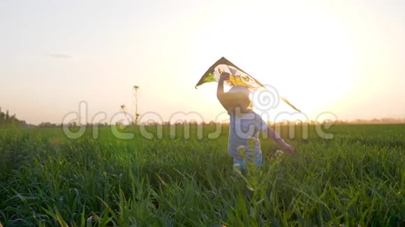 带着玩具飞进怀里的小男孩在背景天堂的阳光下奔跑在草地上视频的预览图