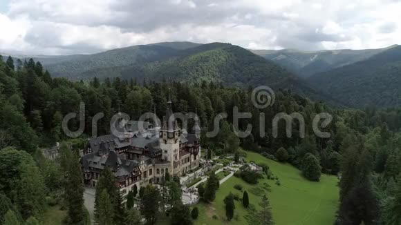 阳光明媚的一天森林中城堡的空中镜头视频的预览图