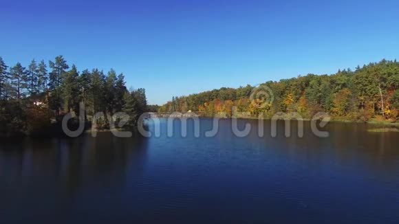 鸟瞰美丽的秋河桥和森林视频的预览图