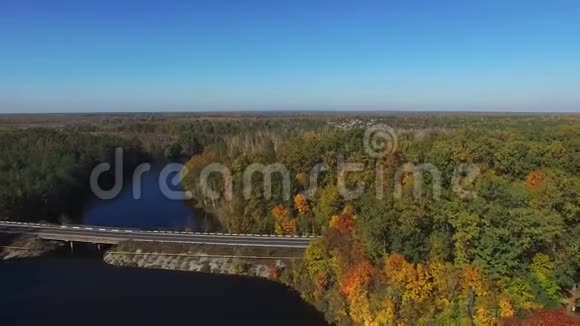 鸟瞰美丽的秋河桥和森林视频的预览图