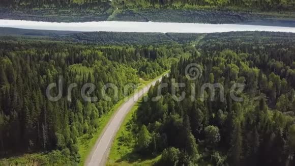 夏日森林中弯曲空路的鸟瞰效果镜面视界效果绿色森林乡村道路观景视频的预览图