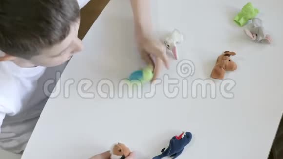 一个白种人男孩在玩手指木偶玩具玩偶动物的形象木偶剧院的英雄戴上手指视频的预览图