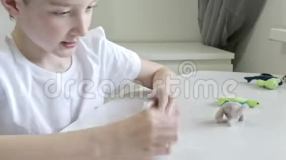 一个白种人男孩在玩手指木偶玩具玩偶动物的形象木偶剧院的英雄戴上手指视频的预览图