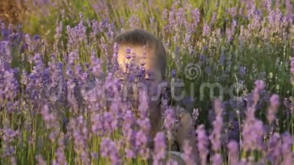 特写脸可爱的小女孩坐在薰衣草花香中吸入花香的概念休息和放松视频的预览图