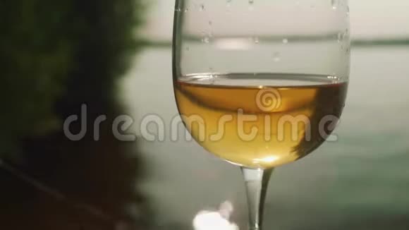 玻璃半满白葡萄酒集中与离焦湖背景视频的预览图
