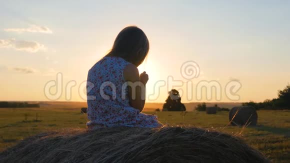 日落时分小女孩用手机坐在收获卷上漂亮的少女在干草堆上视频的预览图