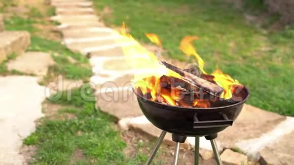 烧柴烧烤架准备热煤烧肉后场景深较浅视频的预览图