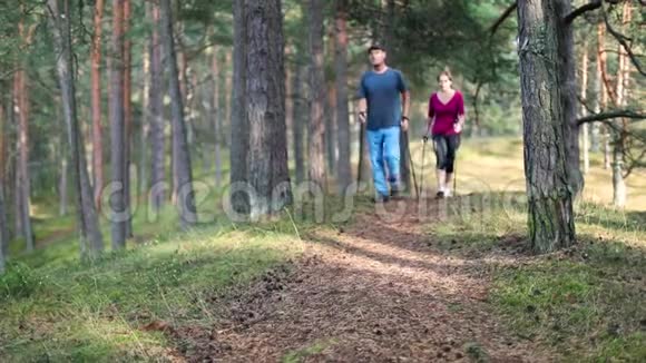 北欧健步走在森林小径上的老夫妇视频的预览图
