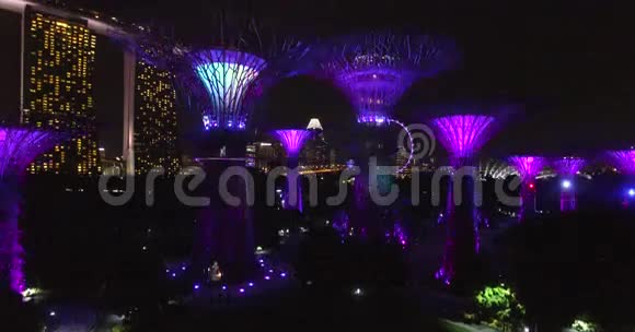 新加坡市区夜间斜坡地带SupertreeGrove的正面鸟瞰图视频的预览图